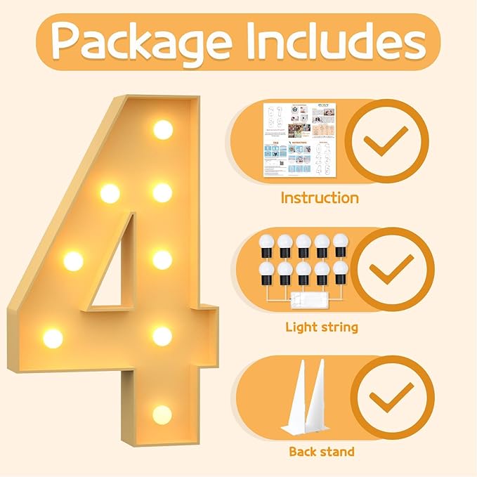 Marquee Numbers 3 Feet Tall Large Light Up Numbers 4th 14th 24th Four Ever Sweet Birthday Decorations Big Yellow Light Outdoor Anniversary Decorations Balloon Arch Kit Party Backdrop 4
