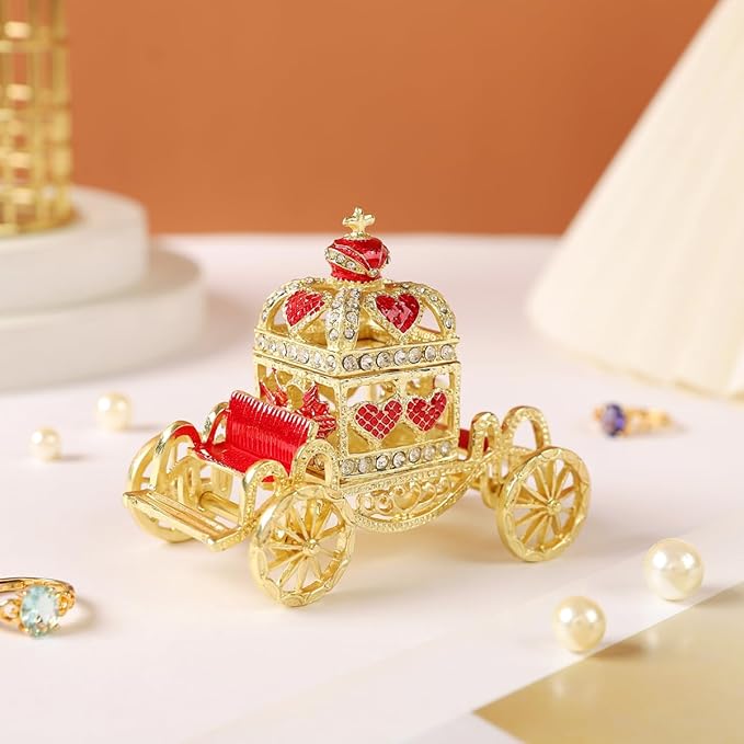 Retro Hollow out Carriage Trinket Box Small Jewelry Boxes Hand-Painted Christmas Gift for Women(Red)