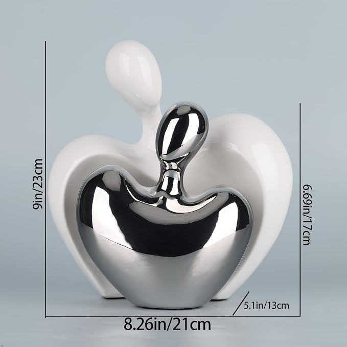 DOVDOV Silver and White Ceramic Couple Statue, Modern Home Decor Love Statue, Romantic Abstract Couple Art Sculpture, Living Room Office Bookshelf Bedroom Decorations
