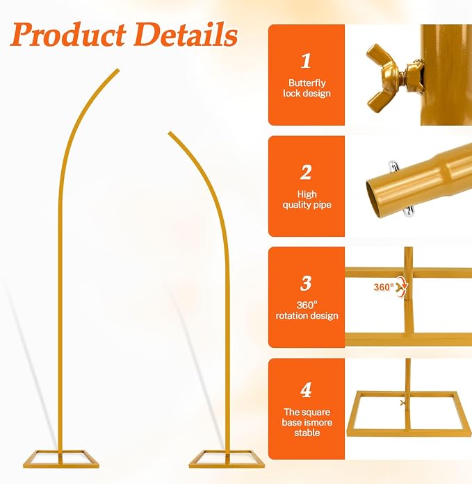 Balloon Arch Stand Kit, Balloon Arch Stand Set of 2 with Metal 7.8FT & 6.2FT Metal Half Gold Wedding Flower Backdrop Stand for Proposal Anniversary Bridal Shower Background Party Decorations