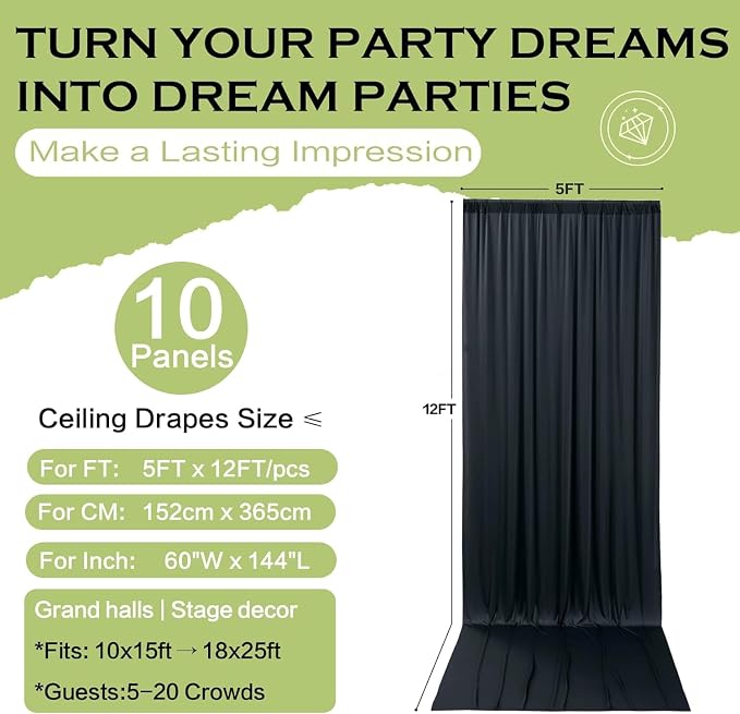 50ft×12ft Black Backdrop Curtain for Wedding Parties, 10 Panels Wrinkle Free Polyester Photo Backdrop Drapes Back Drop Cloth for Birthday Photography Background