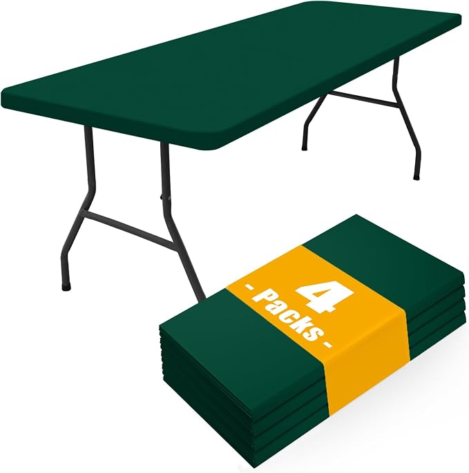 Smiry 4 Pack Rectangle Picnic Table Cloth, Waterproof Elastic Fitted Tablecloths, Washable Polyester Rectangular Patio Table Cover for Camping, Indoor and Outdoor (Dark Green, 30"x96")