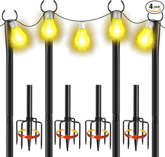 4 Pack 10Ft String Light Poles, Metal Poles with Fork for Outside Lights,Outdoor Metal Light Stand with Fence Brackets Hanging Lights for Garden Patio Wedding Backyard