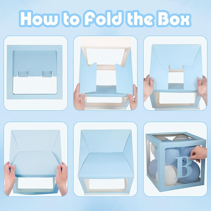 Baby Boxes with Letters for Baby Shower Decorations - 4 Transparent Balloon Boxes for Gender Reveal (Blue)