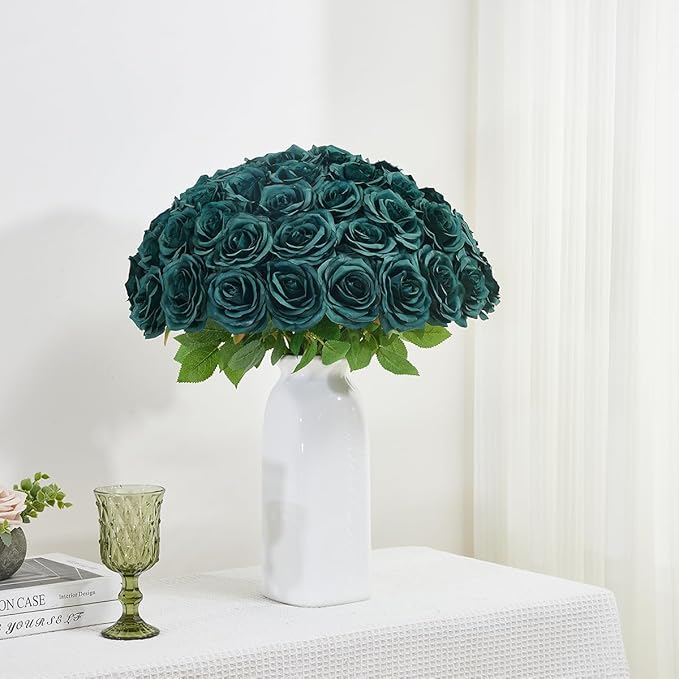 50pcs Emerald Green Roses Artificial Flowers Bulk,Fake Roses Silk Flower with Stems Realistic Flowers for Wedding Centerpiece Home Party Decor