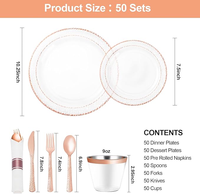Bestluck 350PCS Clear Plastic Plates with Rose Gold Trim for 50 Guests, Disposable Dinnerware Set for Party, Wedding, Include 100 Plastic Plates, 50 Pre Rolled Napkins with Silverware, 50 Cups