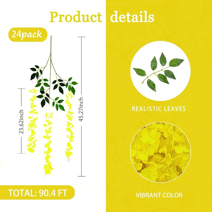 24 Pack Yellow Wisteria Hanging Flowers Garland, 3.77 Feet Artificial Flower Vines, Fake Wisteria, Artificial Vines Hanging Garland for Backdrop Outdoor Yard Garden Decor