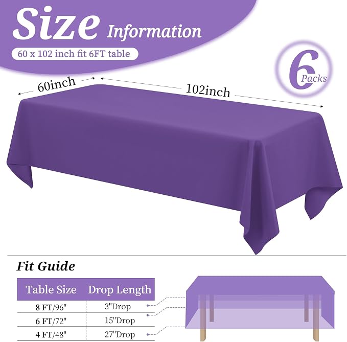 YMHPRIDE 6 Pack Purple Tablecloth 60 x102 inch Polyester Table Cloth for 6 Foot Rectangle Tables, Stain and Wrinkle Resistant Washable Fabric Polyester Table Covers for Wedding Party Banquet