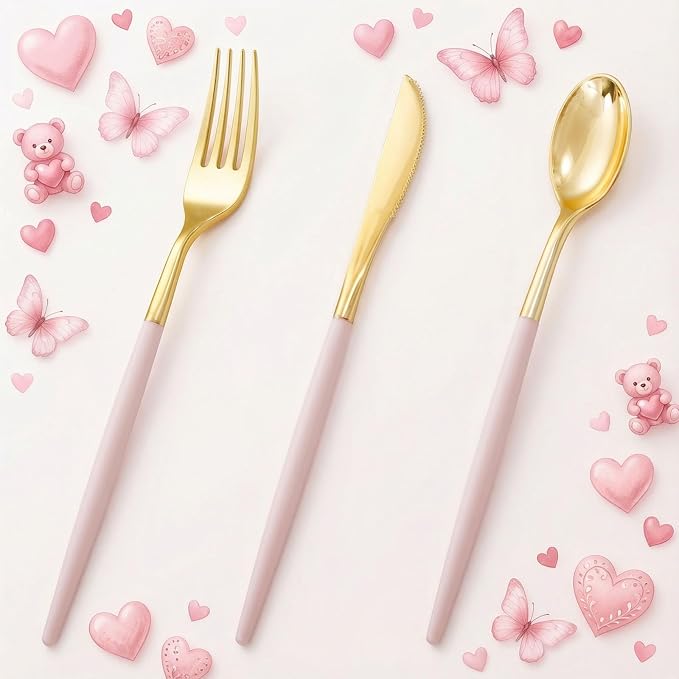 I00000 60 Pack Pink Plastic Silverware,Gold Disposable Flatware with Pink Handle, Gold Plastic Cutlery Set Includes: 20 Forks, 20 Knives and 20 Spoons, Tableware Set for Party and Wedding