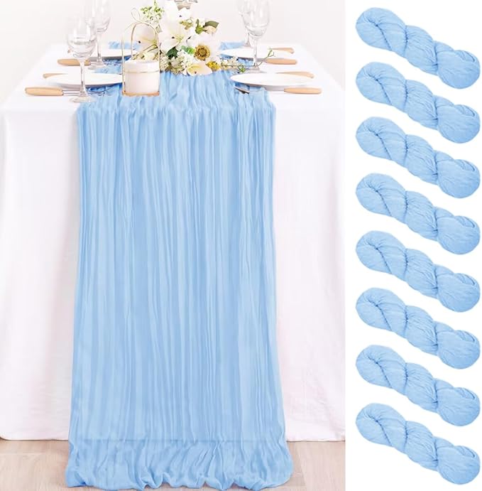 MLMC 8 Pack Baby Blue Table Runner Blue Baby Shower Decorations 10ft Rustic Gauze Light Blue Cheesecloth Table Runner 35x120 Inches for Gender Reveal Birthday Wedding Party Decor
