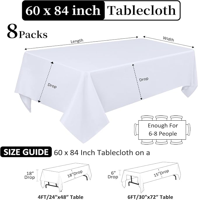8 Pack White Table Cloth 60 x 84 Inch Rectangular Tablecloths for 4 Foot Rectangle Tables, Wrinkle Resistant White Tablecloth Washable Polyester Fabric for Buffet Wedding Party Banquet