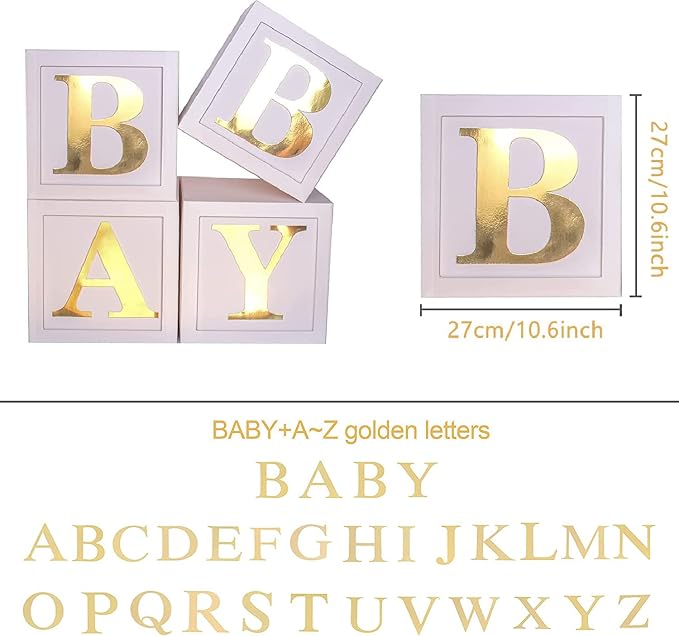 Baby Shower Boxes Party Decorations - 4pcs Stereoscopic White Gold Boxes with Gold Baby+A-Z Letters,Babe Balloon Party Box Blocks for Teddy Bear BabyShower,Boy Girl 1st Birthday Parties Backdrop