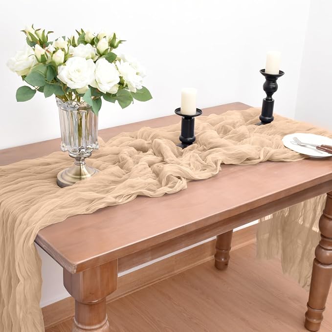 Joanlody Champagne Cheesecloth Table Runner Spring Summer 10Ft Rustic Gauze Boho Cheese Cloth Table Runner for Wedding Bridal Baby Shower Decoration 4 Pack