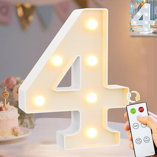 Pooqla LED Light Up Numbers, Marquee Number with Remote for 4th Birthday Decoration, Lighted Numbers Gift for Boys Girls Party Backdrop Wedding Anniversary Decor, Warm White and Cool White Number 4