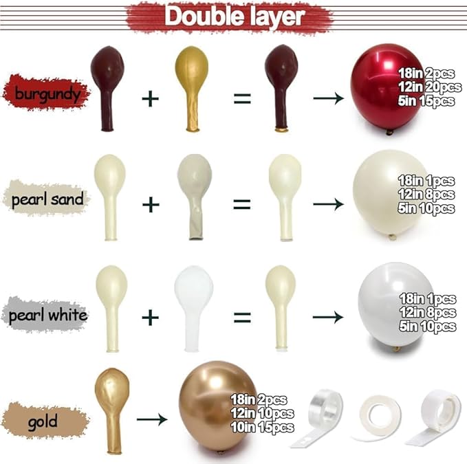 Burgundy Gold Balloons Garland Double Stuffed Pearl White Gold Maroon Wine Red Balloon Arch Kit for Wedding Baby Shower Mother's Day Birthday Party Decoration