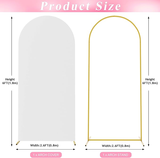 Wokceer 6 FT Wedding Arch Backdrop Stand and White Arches Cover, Metal Arch Backdrop Stand with Cover for Birthday Party Wedding Ceremony Bridal Baby Shower Event Decor