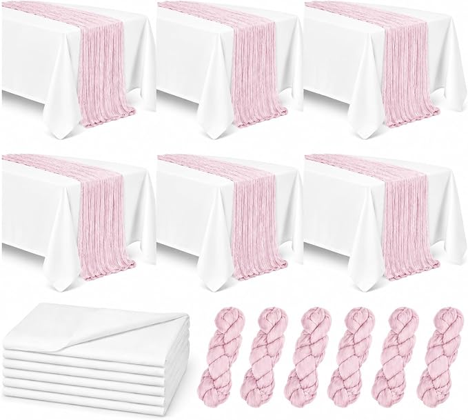 Cinrobiye 12 Pack Boho Wedding Table Decor Set, 6 White Tablecloths and 6 Cheesecloth Table Runners, Gauze Table Runner and Tablecloth Kit for Wedding Baby Shower Bridal Shower Party Reception(Pink)