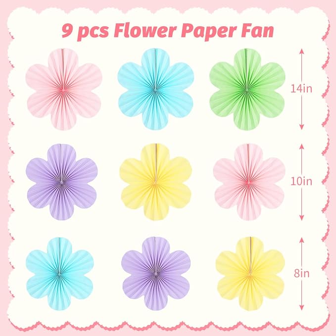 DODOKIM Paper Fans Party Decorations Paper Flowers Decorations for Wall Floral Backdrop Classroom Baby Shower Birthday Party Flower Wall Decor Pack of 9 Rainbow