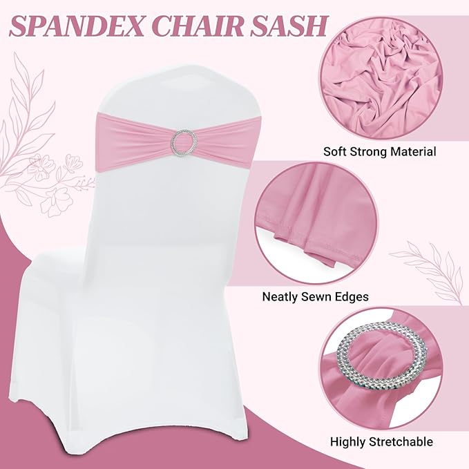 MDS Pack of 10 Spandex Chair Sashes Bow Premium Stretch Chair Cover Band with Buckle Slider Universal fits Elastic Dining Chair Ties for Wedding Party Banquet Events Decoration - Pink