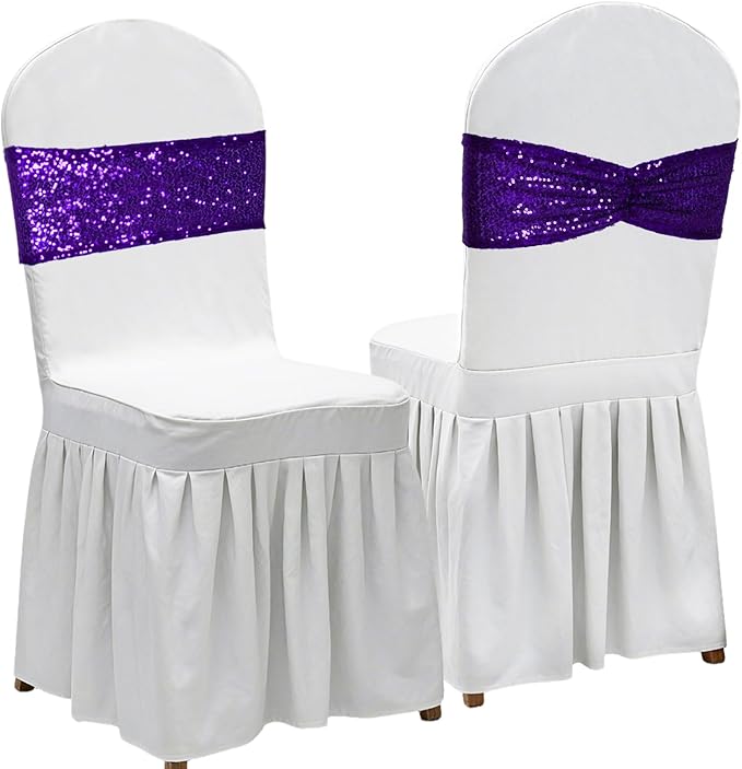 Poise3EHome Purple Sequin Chair Sashes,100 PCS Folding Chair Covers Bow for Halloween Wedding Party Reception Decorations