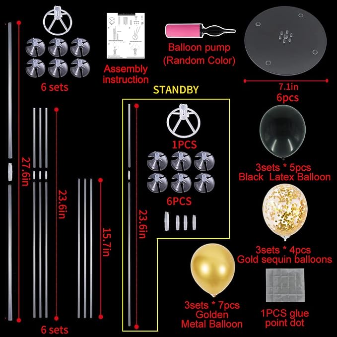 TONIFUL 6 Set Graduation Decorations 2026 Balloon Centerpieces for Table,Black Gold Balloon Stand Kit for 2026 Graduation Decorations 50th 60th 70th Birthday Anniversary Retirement Party Decorations