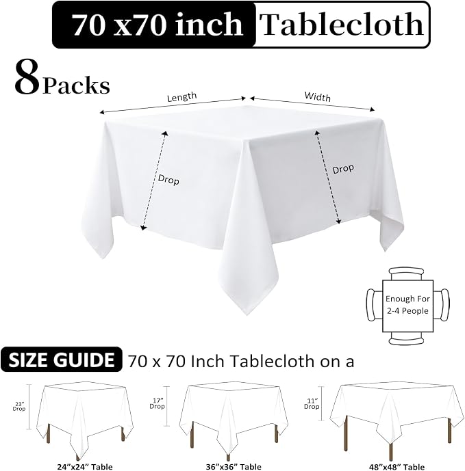 8 Pack White Table Cloth 70 x 70 Inch Square Tablecloth, Wrinkle Resistant White Tablecloth Washable Polyester Fabric for Party Wedding Banquet