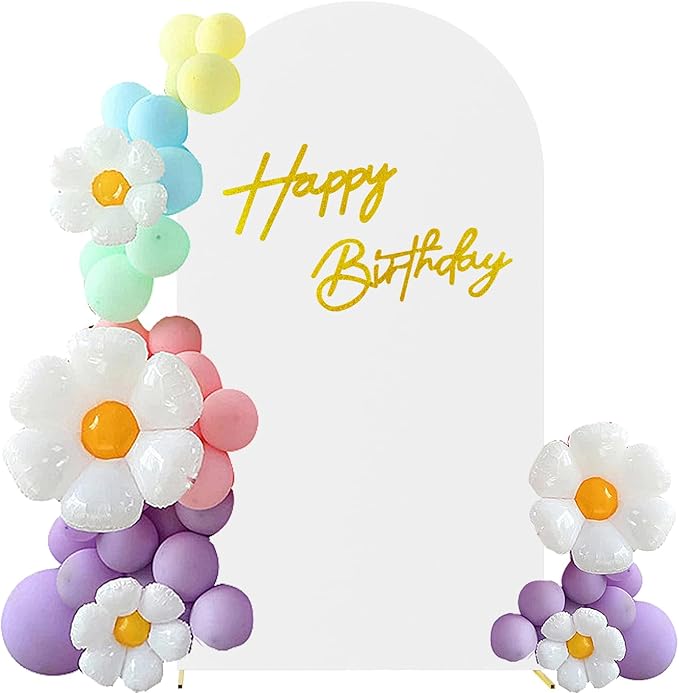 HAINARverS 7.2FT White Arch Backdrop Cover Spandex with Glitter Gold Happy Birthday Sign for Wedding Birthday Party Ceremony Banquet Decoration（White）