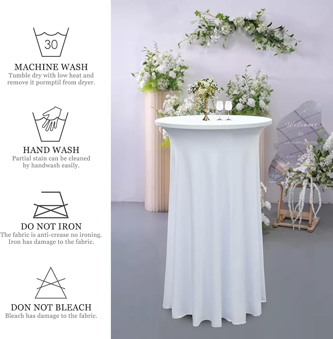 6-Pack 24"x43" White Round Cocktail Table Skirts | Stretch Spandex Fitted Tablecloths | Wrinkle-Resistant, Stain-Resistant, and Machine Washable for Bars, Weddings, Parties, and Banquets
