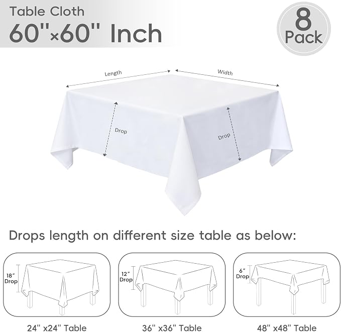 8 Pack White Square Tablecloth 60x60 Washable Polyester Table Cloth for Square or Round Tables, Wrinkle Resistant Fabric Decorative Covers for Dining Party Banquet Buffet and Wedding