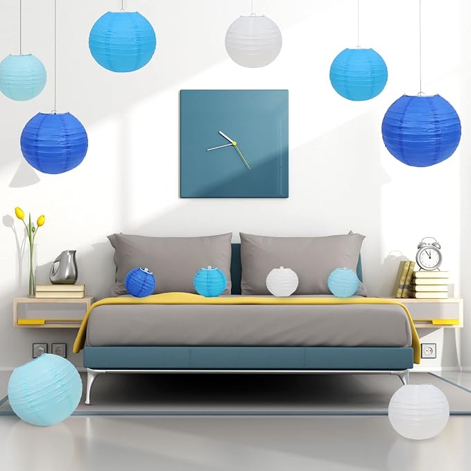 LURICO 16 Pcs Blue/White Paper Lanterns (Size of 4”, 6”, 8”, 10”) - Chinese/Japanese Paper Hanging Decorations Ball Lanterns Lamps for Home Decor, Parties, and Weddings