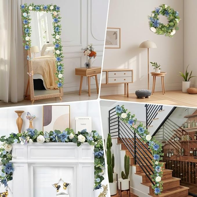 Eucalyptus Garland with Flowers - 1 Pack 5.9 FT Artificial Flower Garland with Butterflies Faux Rose Greenery Garlands for Backdrop Wedding Arch Centerpieces Decorations - Dusty Blue & White