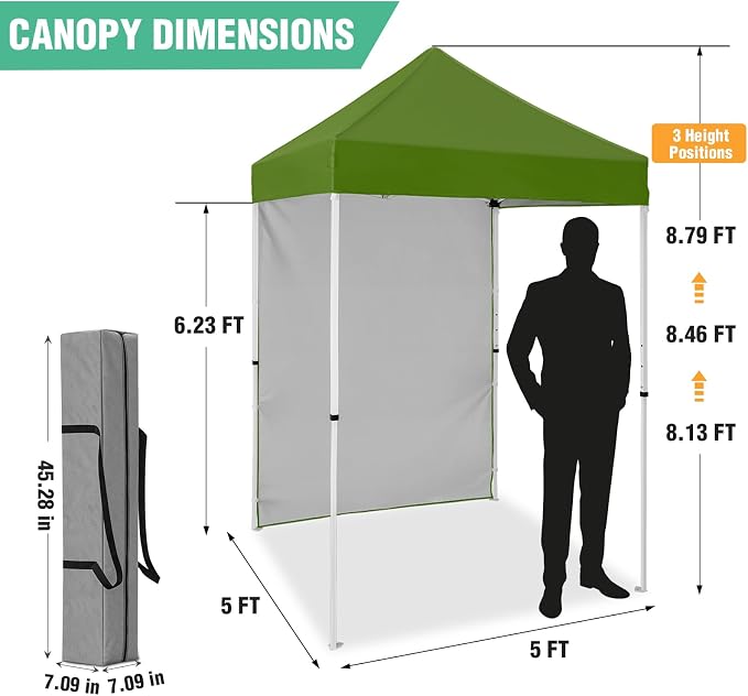5x5 Pop Up Canopy Tent with One Sidewall, Instant Portable Beach Canopy, Outdoor Tent with Carry Bag for Camping, Sports, Tailgating, Events, Grass Green