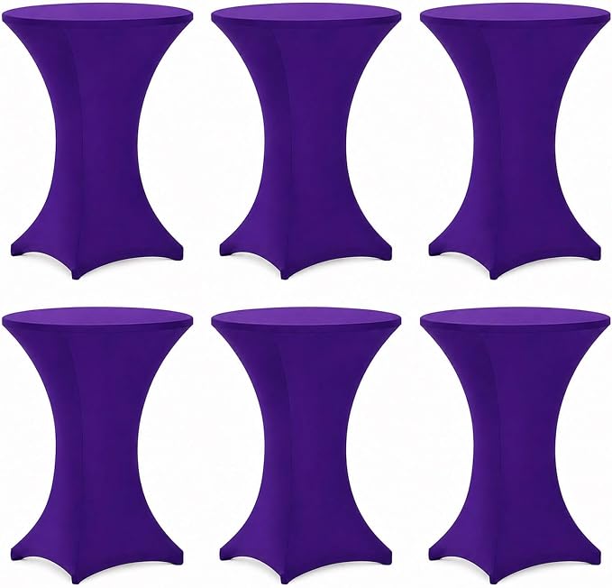 Cocktail Table Covers - 6 Pack 32x43 Inch Table Cloth - Purple Fitted Stretch Spandex Round High Top Tablecloth for Party, Bar, Birthday, Pub, Banquet