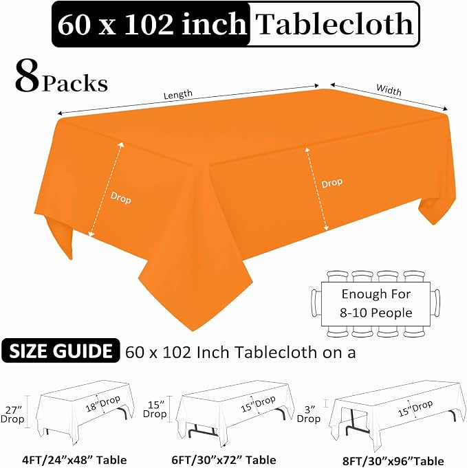 8 Pack Orange Tablecloth 60 x 102 Inch Rectangular for 6 Foot Rectangle Tables, Wrinkle Resistant Orange Table Cloth Washable Polyester Fabric for Buffet Wedding Party Banquet