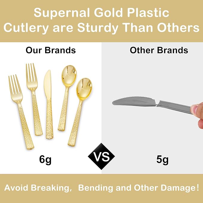 Supernal 180pcs Gold Plastic Silverware Set, Heavy Duty Disposable Cutlery for 60 Guests，Hammered Gold Utensils with 60 Forks, 60 Spoons, 60 Knives for Wedding, Party & Catering