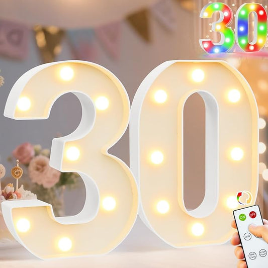 Pooqla 30th Birthday Decoration for Her Him, Decorative LED Light Up Numbers, Marquee Numbers 30 Sign for Party Backdrop 30th Wedding Anniversary Decor Gift, Warm White and Colorful Number 30