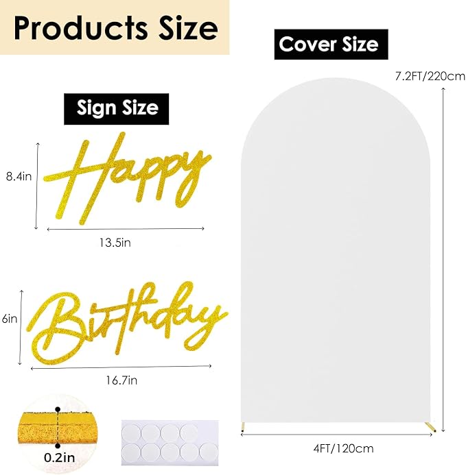 HAINARverS 7.2FT White Arch Backdrop Cover Spandex with Glitter Gold Happy Birthday Sign for Wedding Birthday Party Ceremony Banquet Decoration（White）
