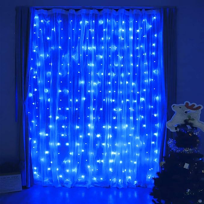 HEYFUNi Blue Christmas Curtain Lights Plug in, 304 LED 9.8FT x 9.8FT | 8 Modes Blue Bachdrop Lights with Memory, Hanging String Lights for Bedroom, Wedding, Christmas, Party, Patio, Dorm Decor
