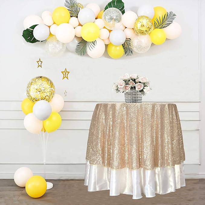 Juya Delight 50'' Round Sequin Tablecloth Light Gold Table Cover for Birthday Wedding Party Table Decoration