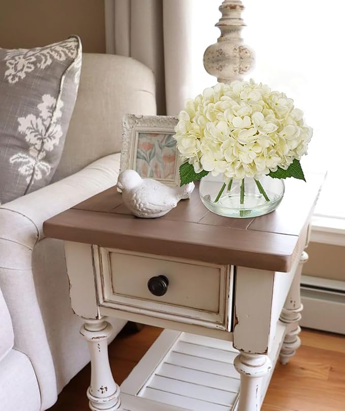 Hollyone Ivory White Hydrangea Artificial Flowers with Glass Vase Green Silk Faux Flowers Arrangements in Vase with Faux Water Fake Floral Bulk Bouquet for Home Decor Table Centerpiece Decorations