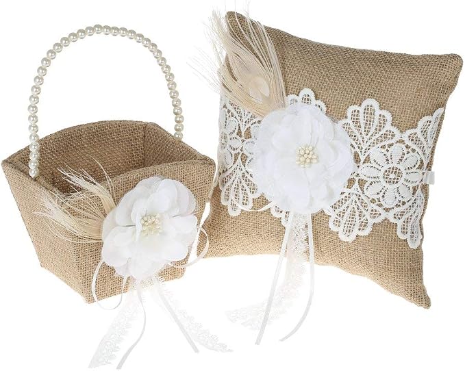 Fbest 4pcs/Set Vintage Rustic Burlap Wedding Supplies Flower Girl Basket + Ring Bearer Pillow + Guest Book + Pen Holder Set
