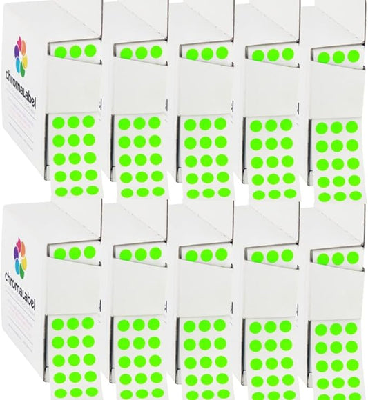 ChromaLabel 1/4 Inch Circle Sticker Labels, High Visibility Small Dot Stickers with Handy Dispenser, Fluorescent Dots for Color Coding - 1000 Sticky Dots, Fluorescent Green Labels - Case of 10