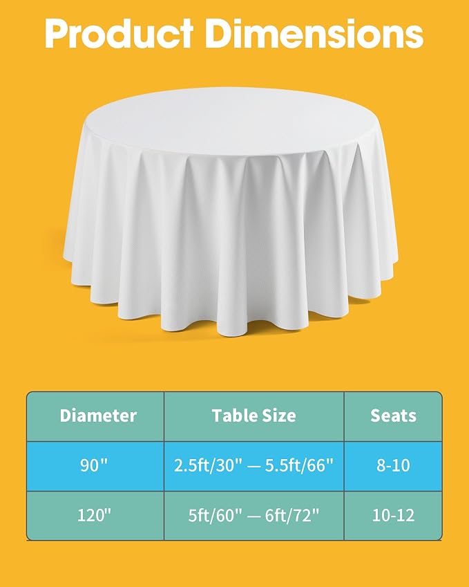 Niuara White Round Table Cloth - 6 Pack, 90" Washable Polyester Tablecloth for Round Tables, Wrinkle-Resistant Table Cover for Weddings & Parties