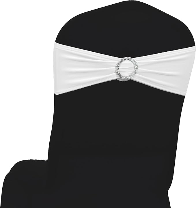 MDS Pack of 250 Spandex Chair Sashes Bows Universal fits Elastic Stretch Chair Bands Ties with Buckle Slider Bow for Wedding Decoration Spandex Slider Sashes Bow - White