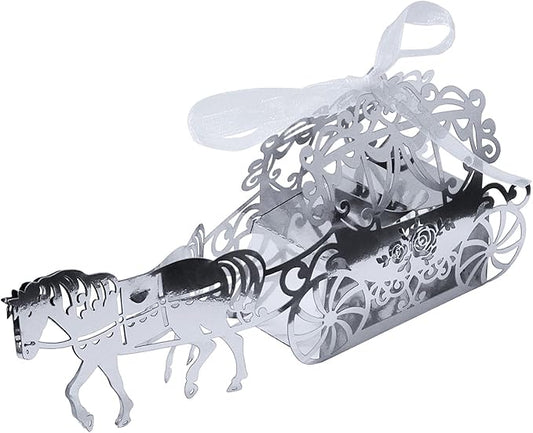 50pcs European Style Trolley Laser Cut Carriage Wedding Favour Candy Boxes (Silver, Shiny)