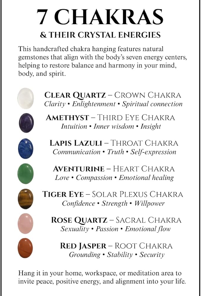 7 Chakra Crystal Hanging Ornament, Unique, Spiritual Boho Wall Decor, Raw Chakra Stones Amethyst Suncatcher, Rose Quartz Healing Crystal (Gold)