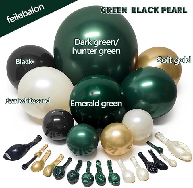 Dark Green Black Balloon Arch Double Stuffed Emerald Hunter Green, Pearl White Sand Gold Balloon Garland Kit for Birthday Wedding Anniversary Bridal Baby Shower Graduation Party Decoration