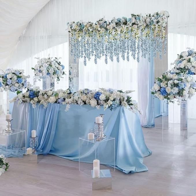 12PCS 3.6Ft Artificial Wisteria Hanging Flowers Dusty Blue Fake Hanging Flowers Garland Silk Flowers Rattan String Faux Wisteria Vine for Garden Home Wedding Arch Decorations (Dusty Blue)