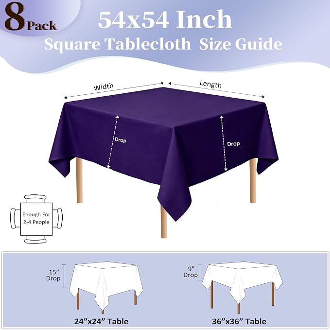 8 Pack Purple Square Tablecloth 54x54 Inch Table Cloth for Square Tables, Wrinkle Resistant Washable Polyester Fabric for Dining Banquet Wedding Party