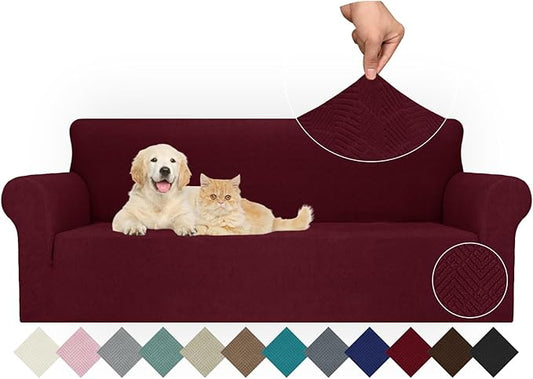 JIVINER Stretch Oversized Sofa Covers 1 Piece 4 Seater Couch Covers Jacquard Universal Sofa Slipcovers for Extra Large Funiture Protector for Kids, Pets (X Large, Wine Red Rhomb)